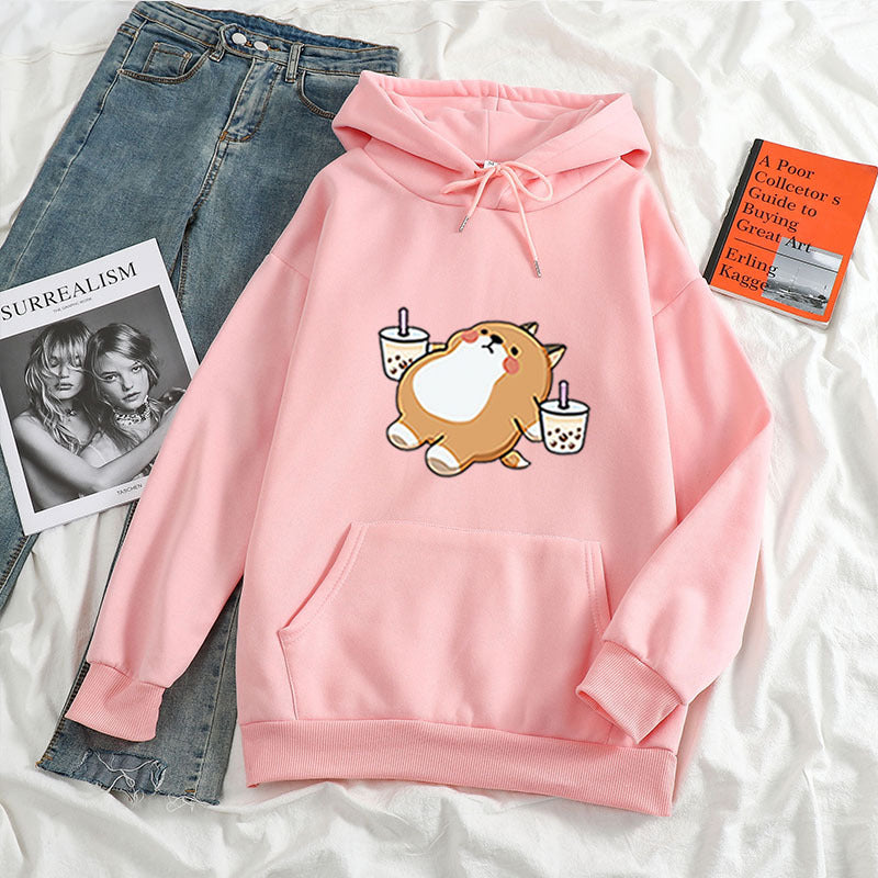 European and American cross-border autumn and winter new loose women's clothing aesthetic illustration Shiba Inu drinking milk tea hooded sweatshirt sweater