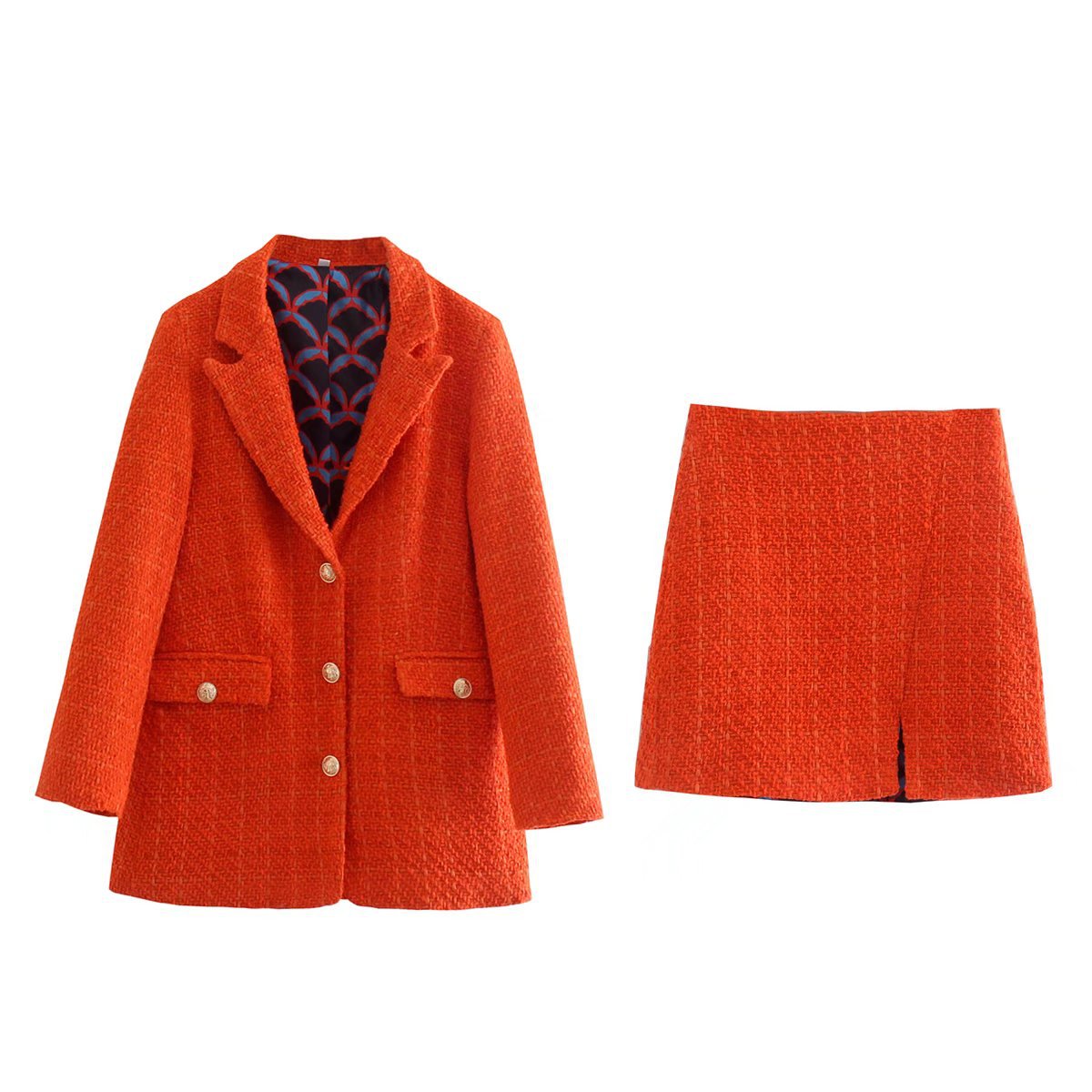 Europe and the United States new orange single-breasted lining suit jacket + split skirt suit