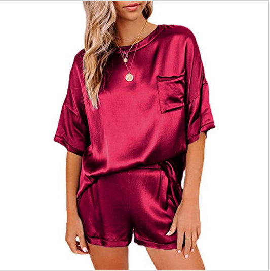 Women's clothing new pure color imitation silk pajamas home service short-sleeved shorts irregular casual women