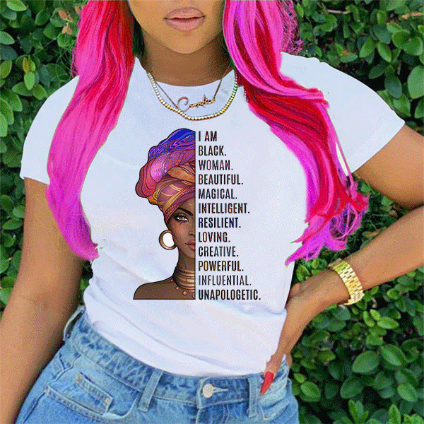 European and American Casual Cartoon Feminism Cartoon African Girl Printed Ladies T-shirt