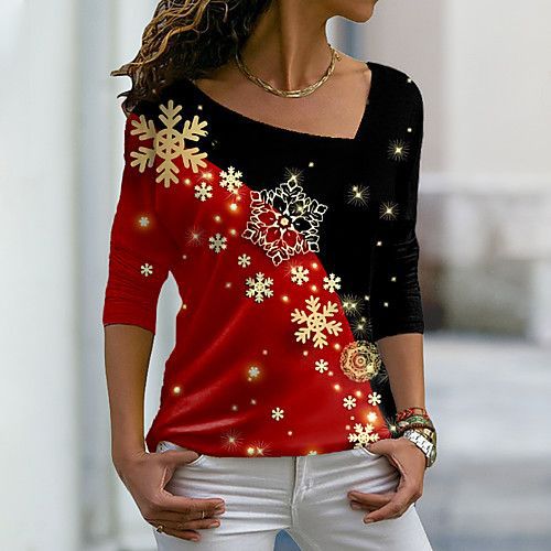 Christmas women's clothing new Christmas elements printed long-sleeved slanted collar pullover ladies T-shirt