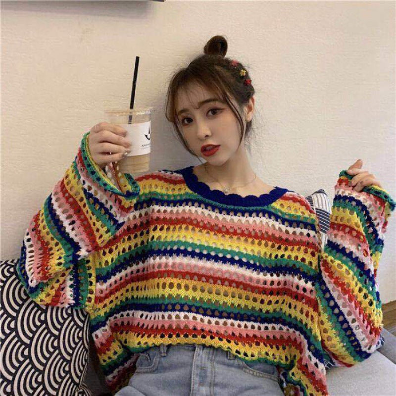 Korean version loose and thin blouse top rainbow striped knitted sweater