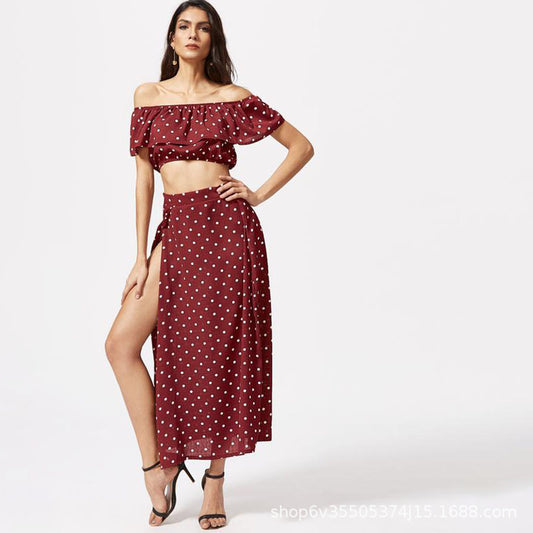 European and American cross-border polka-dot shoulderless top split long skirt-two-piece women's clothing