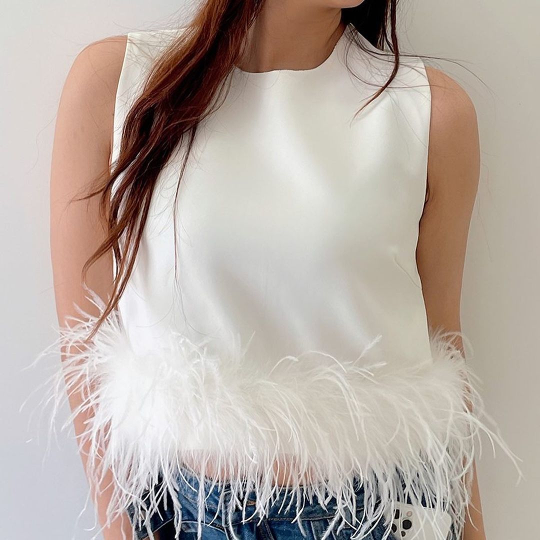 European and American back zipper sleeveless stitching feather vest T-shirt top