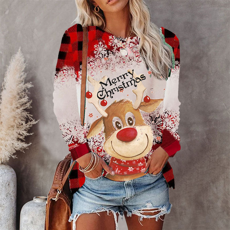 Cross-border European and American women's clothing 8-color round neck Christmas T-shirt printed long-sleeved top