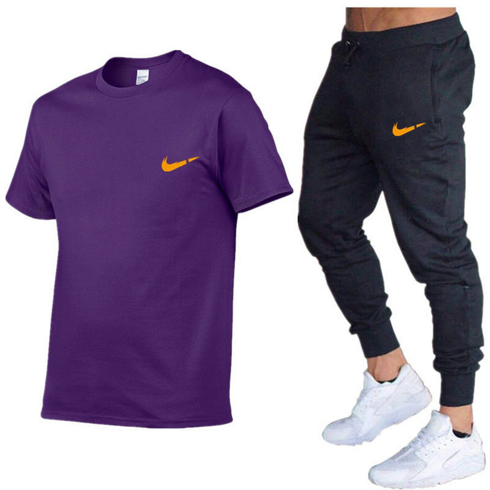 European and American men's running casual short-sleeved T-shirt + sports trousers two-piece jogging suit