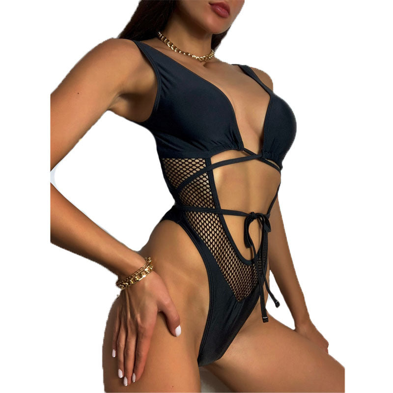 European and American swimsuit black mesh hollow lace-up one-piece swimsuit sexy tight swimsuit bikini