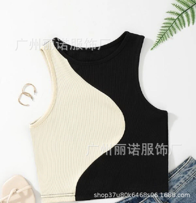 European and American New Ladies Thread Knit Colorblock Sleeveless Sexy T-Shirt