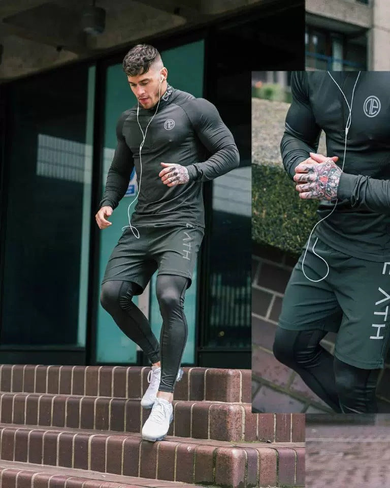 Muscular male fitness three-piece sports long-sleeved T-shirt