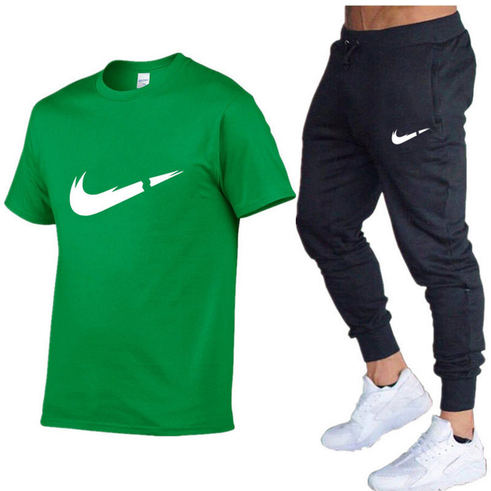 European and American men's running casual short-sleeved T-shirt + sports trousers two-piece jogging suit