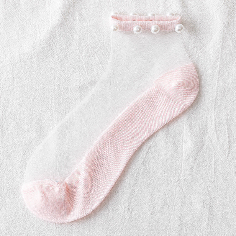 Pearl transparent glass silk women's socks thin Korean cotton socks card silk boat socks vibrato stall