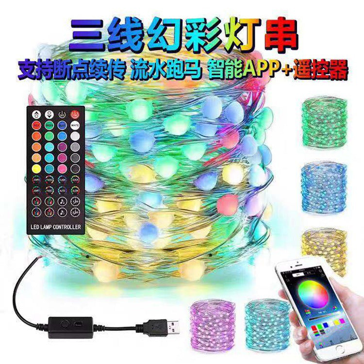 New mobile phone APP Happy running water string lights point-controlled three-wire Bluetooth USB copper wire string lights Christmas music sound control lights