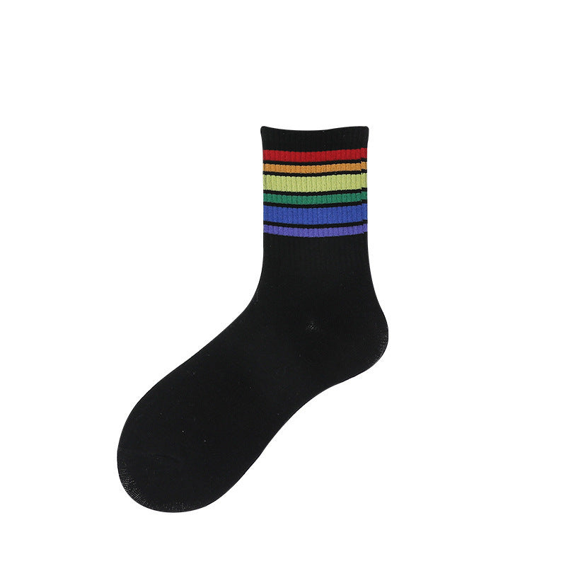 Socks female spring rainbow socks ladies simple medium tube cotton socks fresh striped cotton stockings