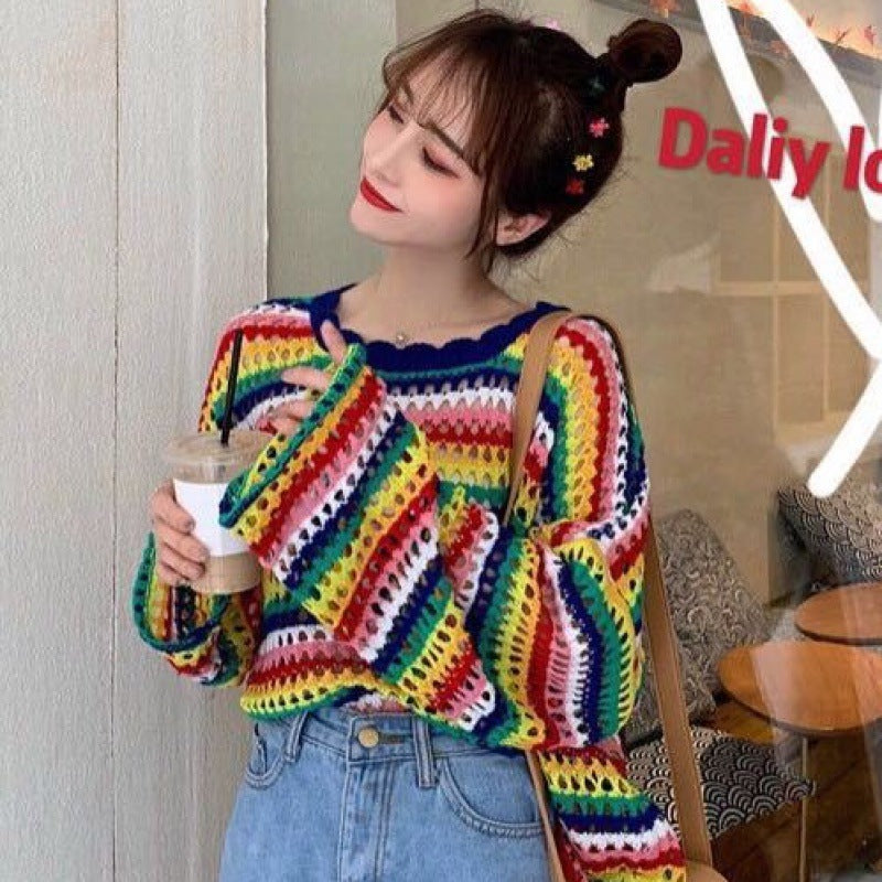 Korean version loose and thin blouse top rainbow striped knitted sweater
