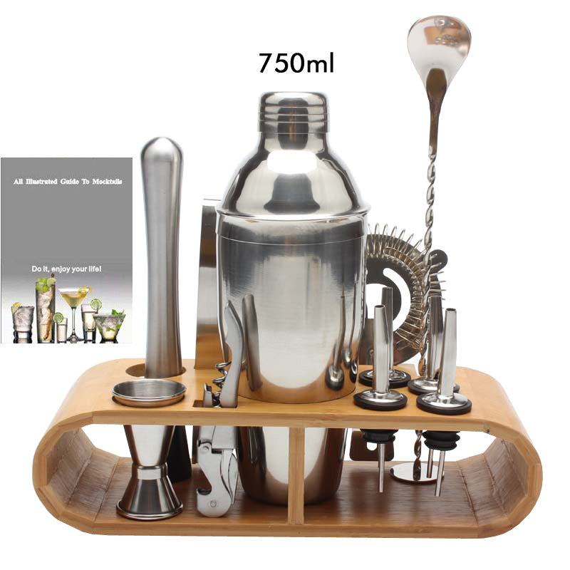 Stainless steel bartender cocktail shaker bartending tool set with oval bamboo base for storage