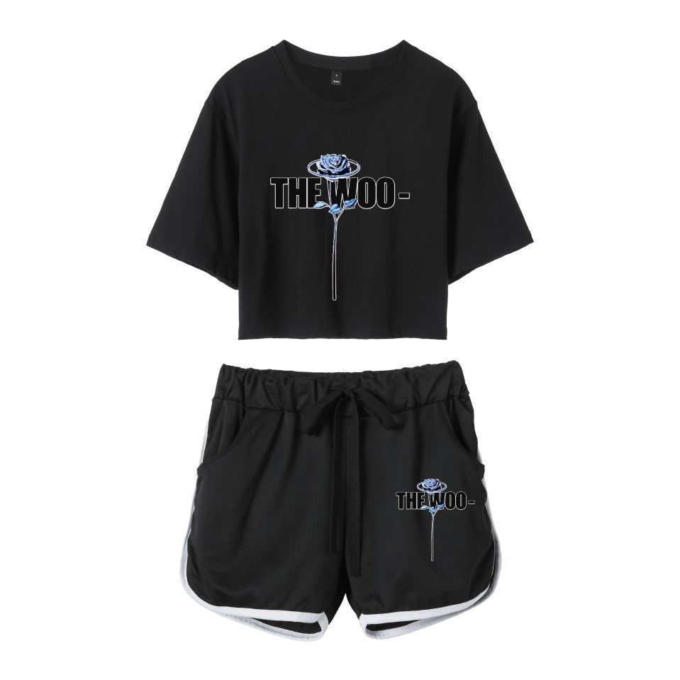 Fashion rapper series around dance cropped navel short-sleeved shorts women's suit T-shirt