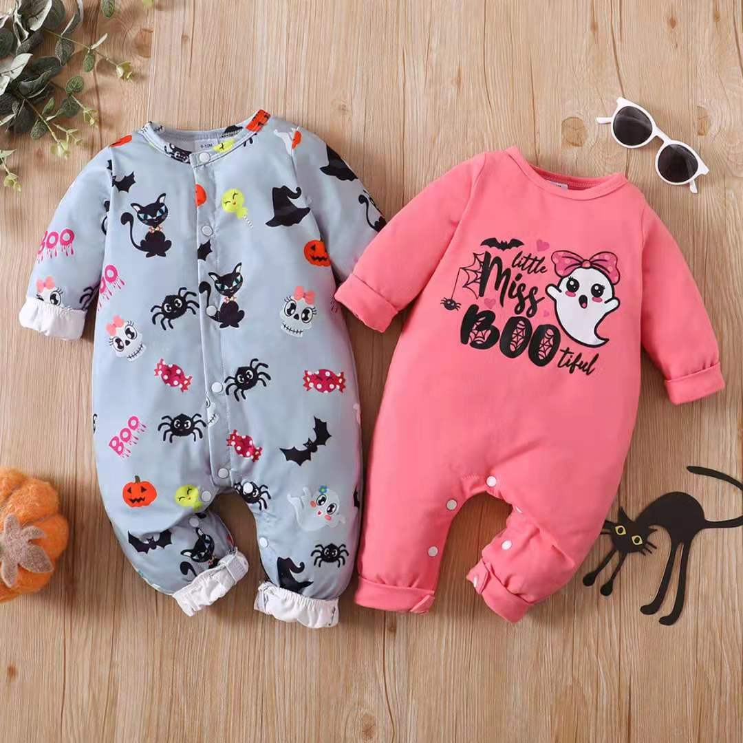 Baby Halloween cat monster cartoon print candy alphabet long-sleeved romper jumpsuit