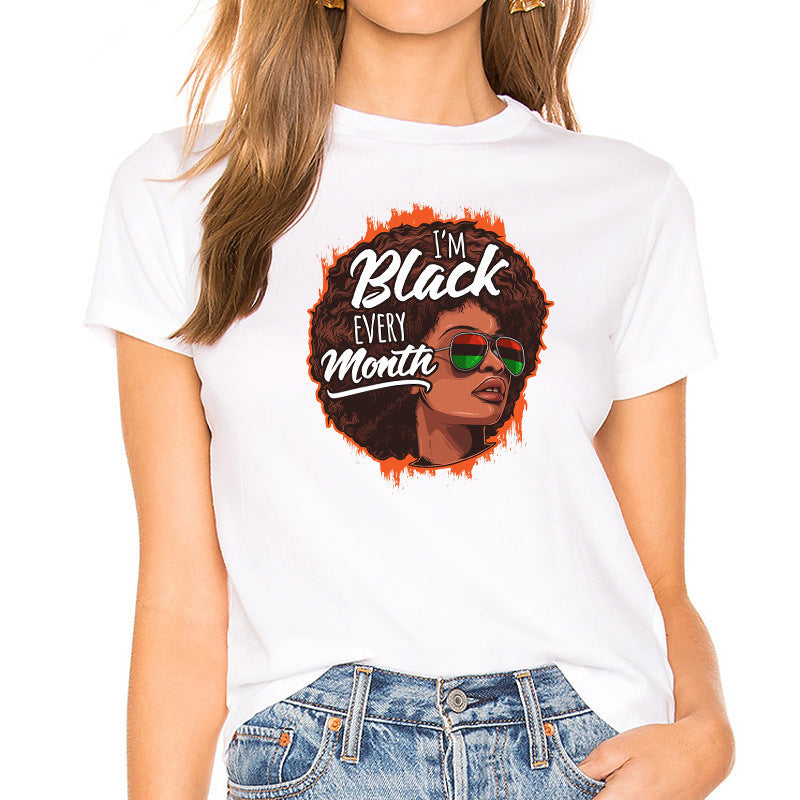 European and American Casual Cartoon Feminism Cartoon African Girl Printed Ladies T-shirt