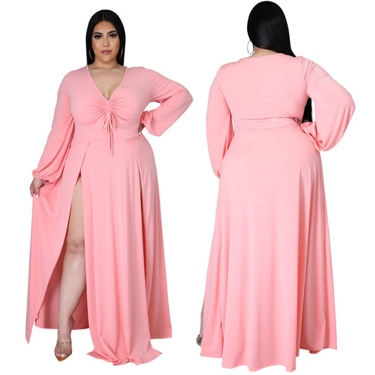 European and American fashion sexy V-neck solid color plus size dress