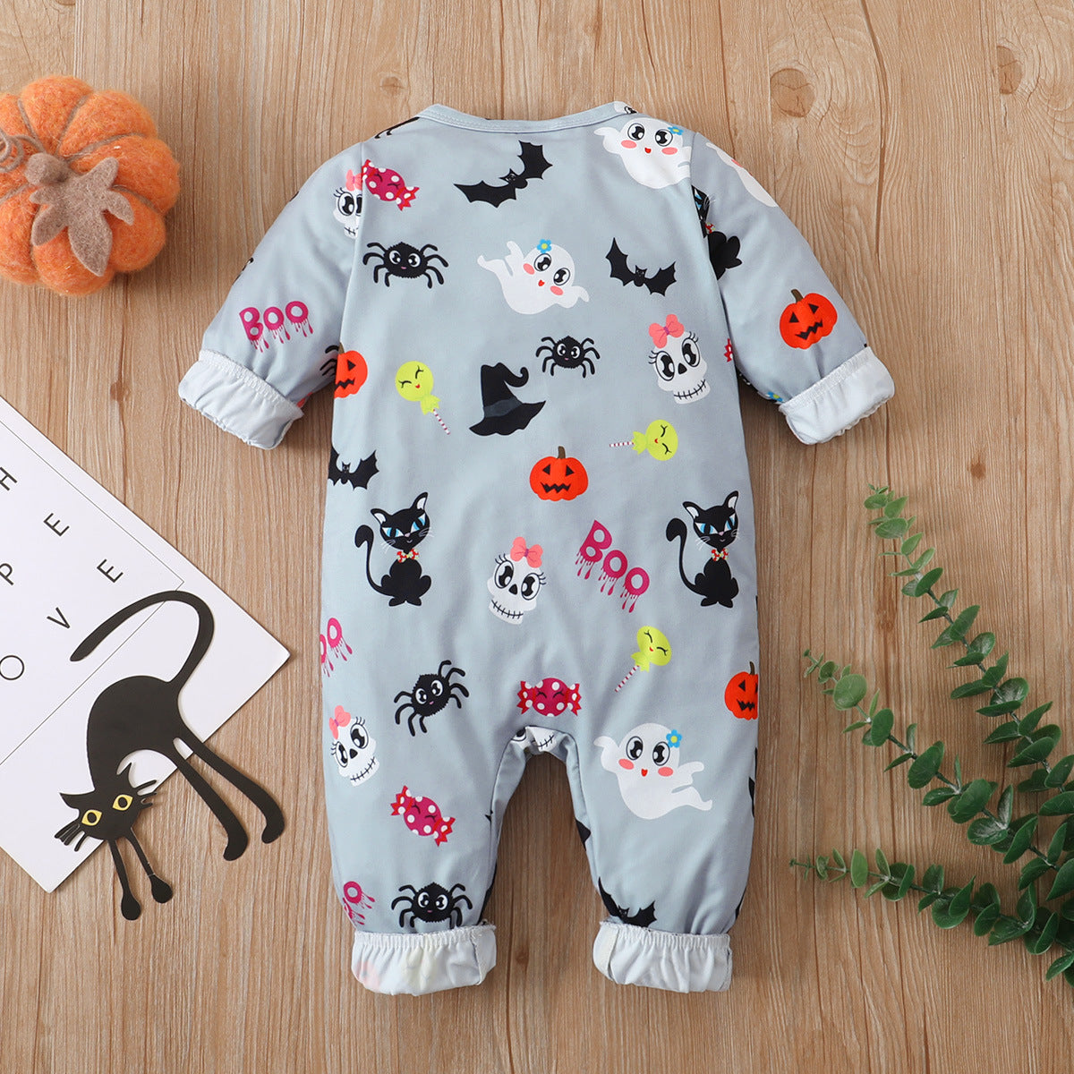 Baby Halloween cat monster cartoon print candy alphabet long-sleeved romper jumpsuit