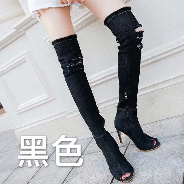 Denim high-heeled over-the-knee fish mouth boots women's shoes