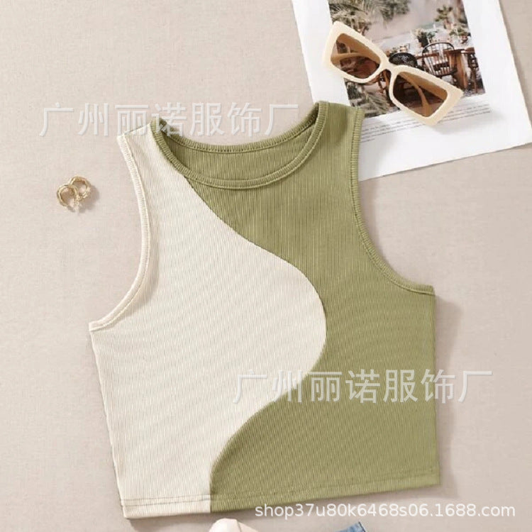 European and American New Ladies Thread Knit Colorblock Sleeveless Sexy T-Shirt