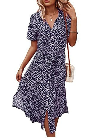 eBay European and American women's printed dress Amazon casual vacation style 2022 spring and summer sexy big swing skirt