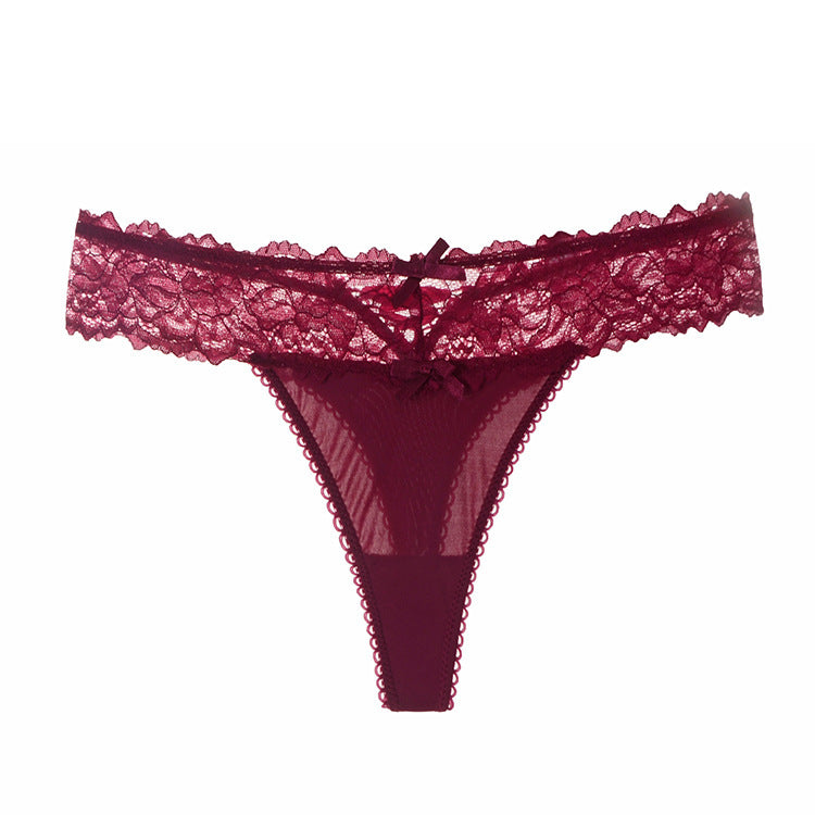 Sexy lace ice silk hot sexy hollow perspective wine red fashion European and American underwear low waist sexy female thong