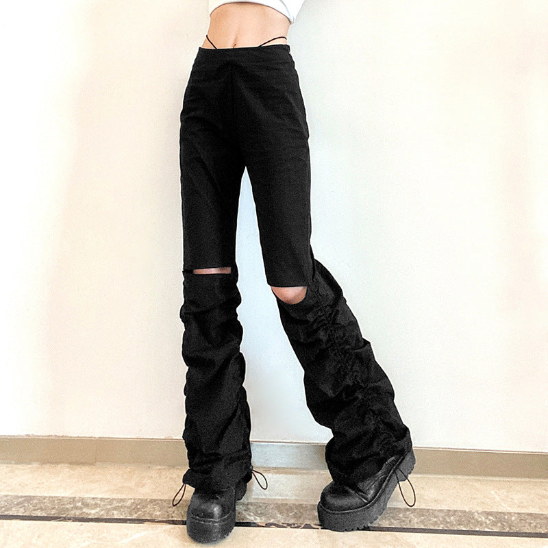 European and American new design sense pleated drawstring hollow black casual pants hot girl high waist thin loose trousers