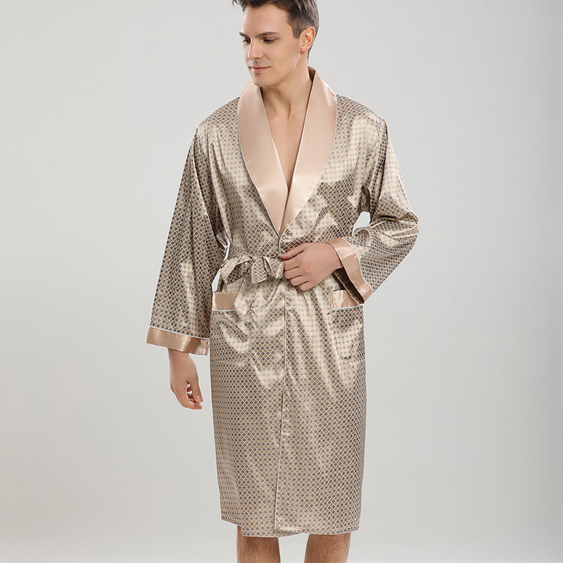 Cross-border men's one-piece artificial silk nightgown Spring and summer thin long-sleeved bathrobe Men's striped bathrobe