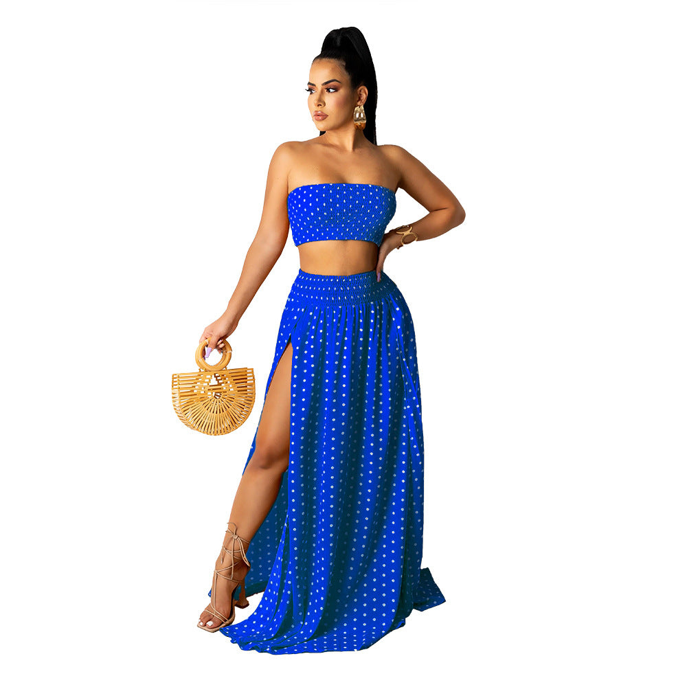 European and American sexy women's polka dot tube top print ladies slim long skirt set