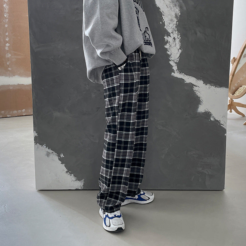 MYQ retro plaid pants men's loose feet ins tide brand casual pants autumn Korean sports trousers