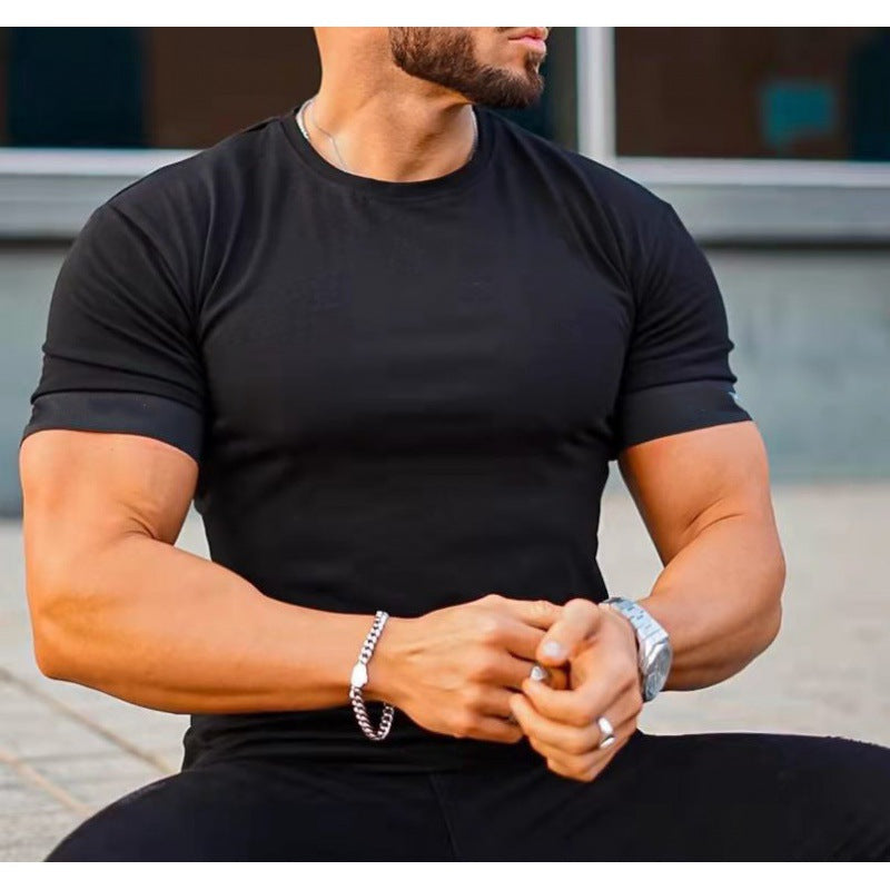 European and American new products muscle fitness short-sleeved t-shirt men's summer moisture wicking round neck top men's casual sports T-shirt