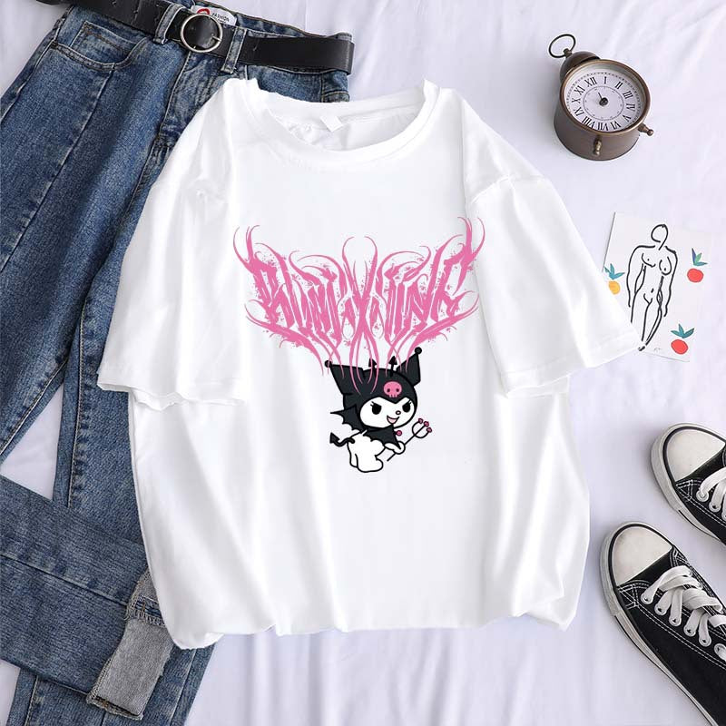 Harajuku cartoon gothic print short-sleeved T-shirt female summer street o neck sweet girl t-shirt