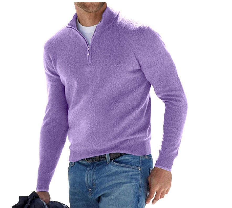 European and American long-sleeved V-neck cashmere zipper men's casual top polo shirt