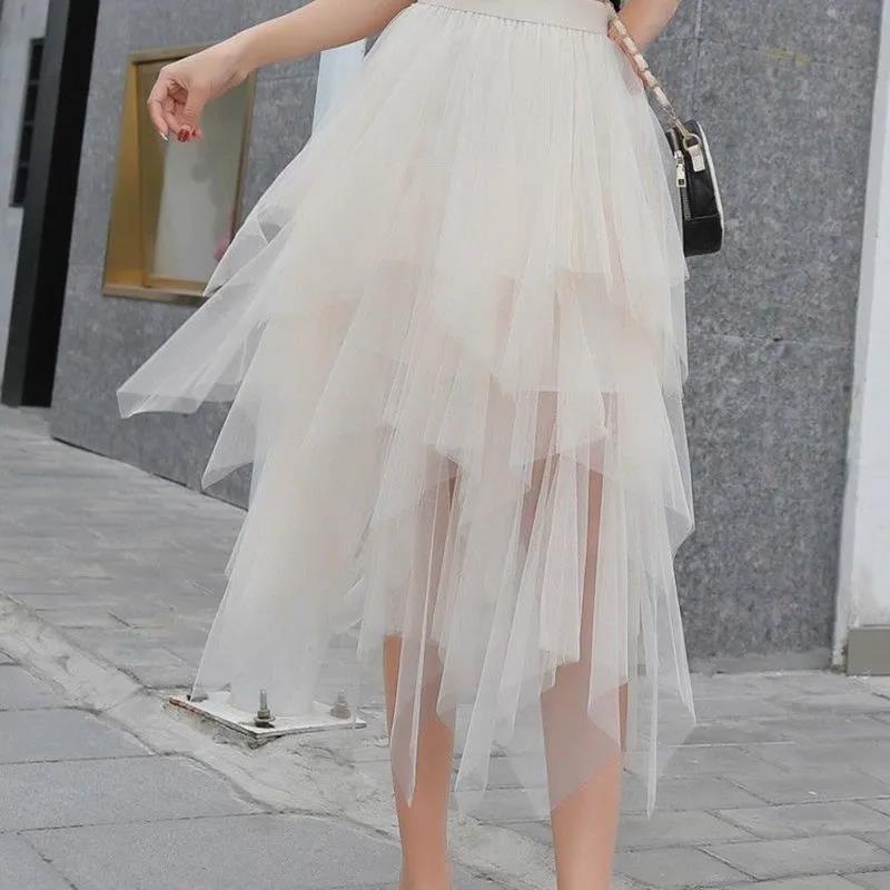 European and American irregular hem irregular mesh stitching fluffy skirt high waist gauze skirt fairy mid-length skirt