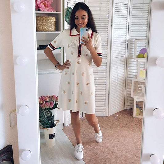 European and American short-sleeved embroidered POLO collar small bee dress A swing French elegant dress