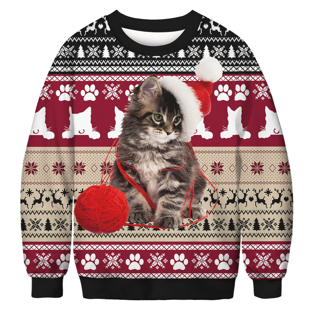 New cat Christmas digital printing couple dress round neck pullover long sleeve casual sweater