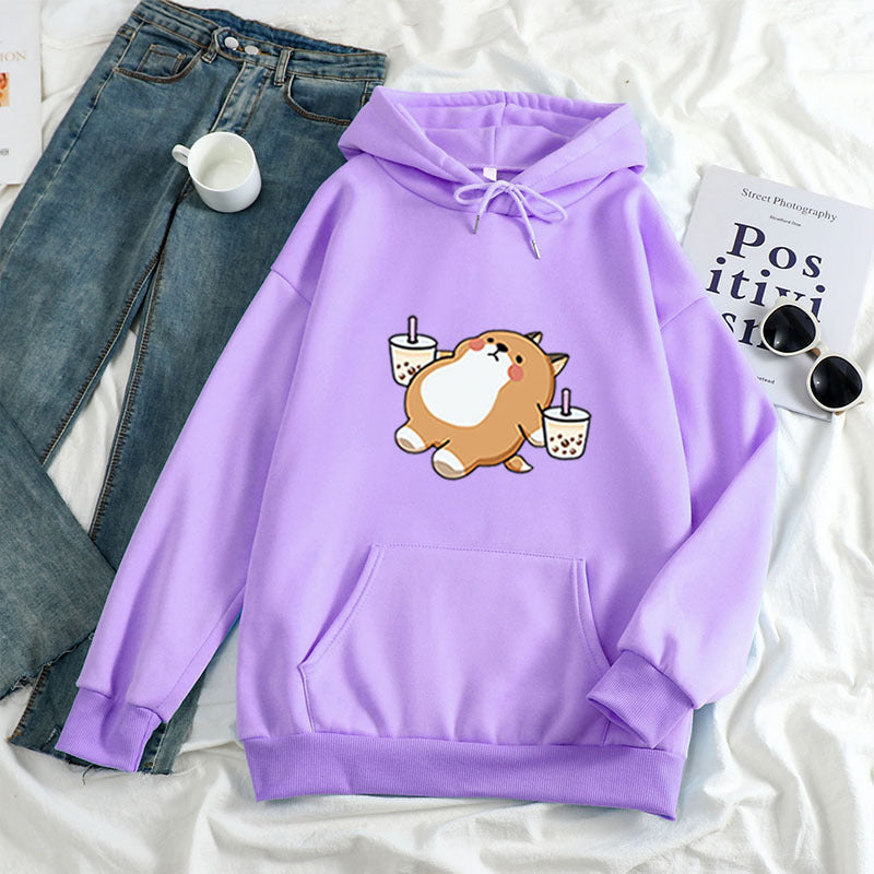 European and American cross-border autumn and winter new loose women's clothing aesthetic illustration Shiba Inu drinking milk tea hooded sweatshirt sweater