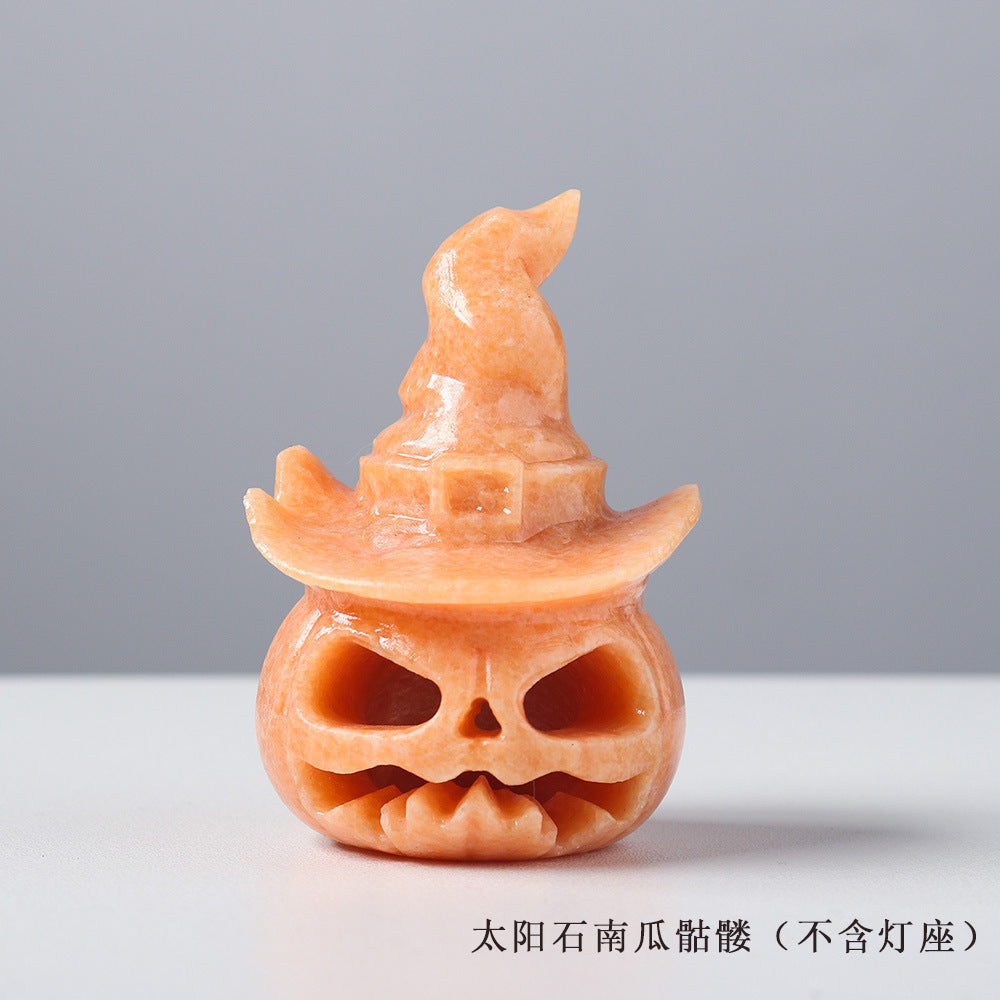 Natural Sunstone Pumpkin head decoration Manual gem carving and hollowing process Halloween decorative lights