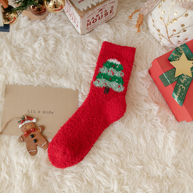 Cartoon deer medium tube Christmas socks cute gingerbread man thickened coral fleece wild warm sleep socks