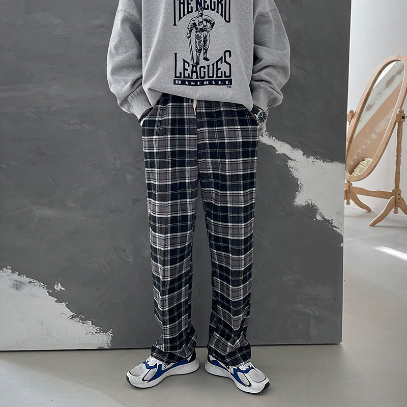 MYQ retro plaid pants men's loose feet ins tide brand casual pants autumn Korean sports trousers