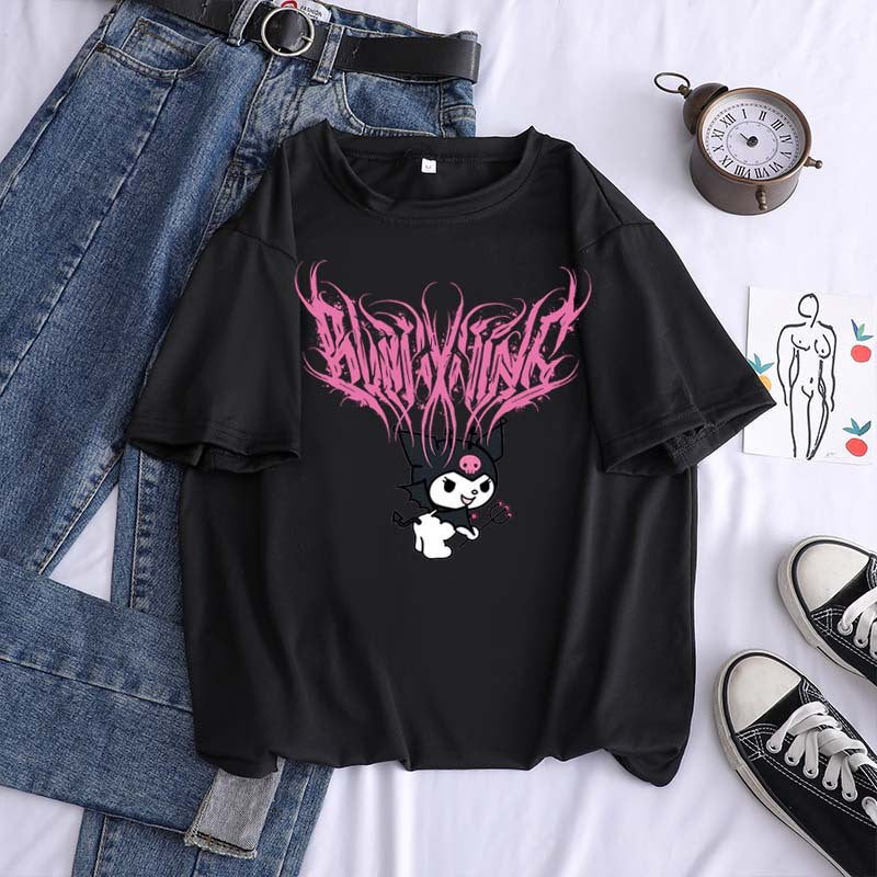 Harajuku cartoon gothic print short-sleeved T-shirt female summer street o neck sweet girl t-shirt