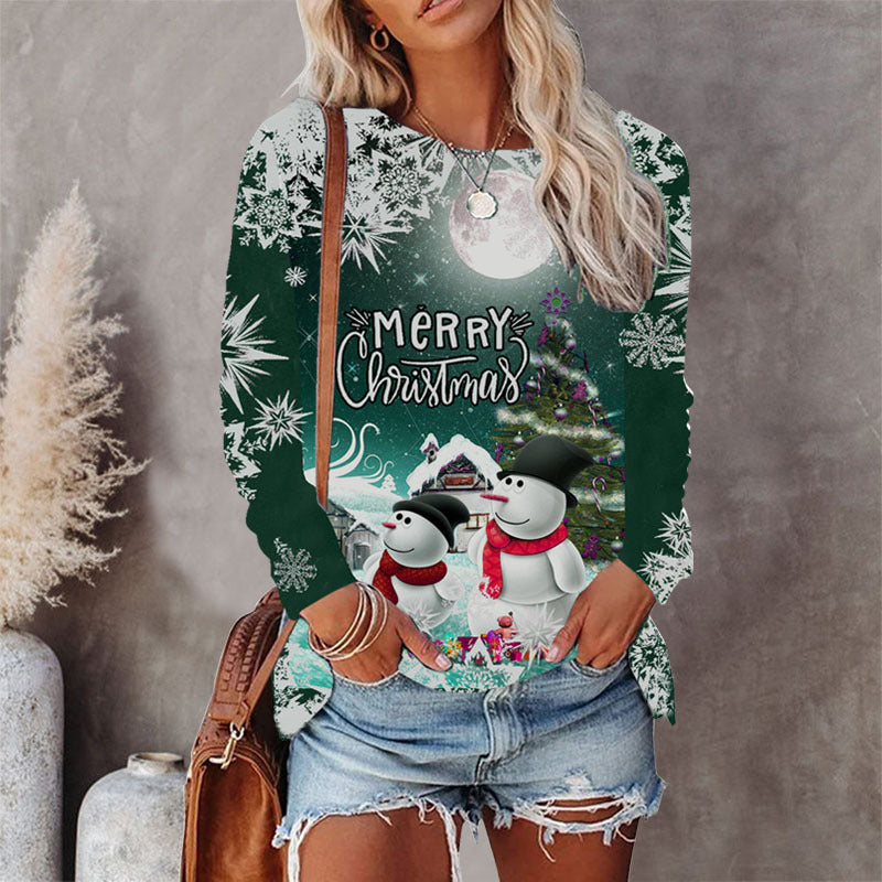 Cross-border European and American women's clothing 8-color round neck Christmas T-shirt printed long-sleeved top