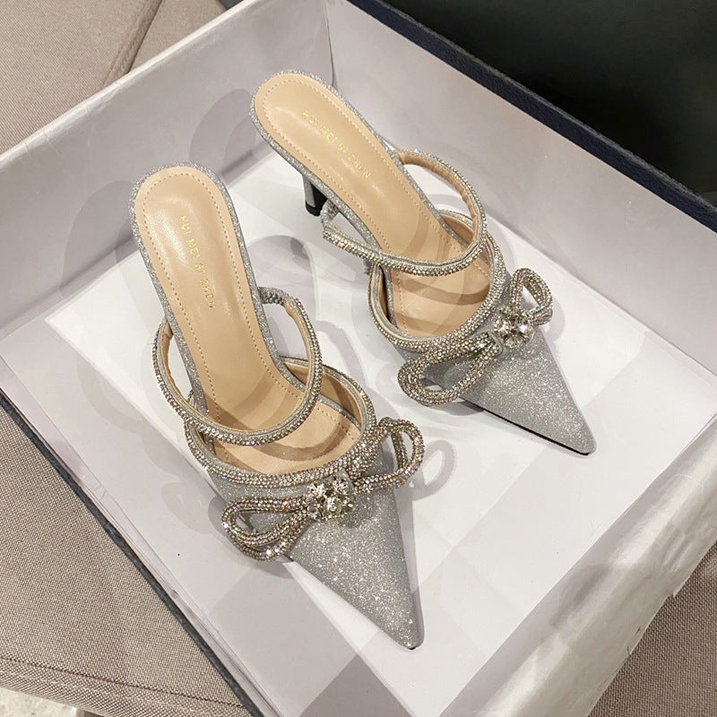 Korean style fashion rhinestone one word with Baotou pointed toe high-heeled sandals and slippers