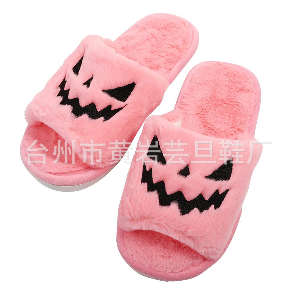 Slippers Women's Halloween Pumpkin Lantern Slippers Soft Plush Comfort Open Toe Outer Wear Plush Slippers