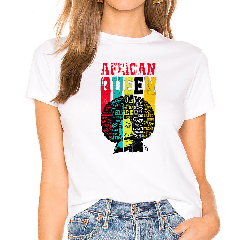 European and American Casual Cartoon Feminism Cartoon African Girl Printed Ladies T-shirt