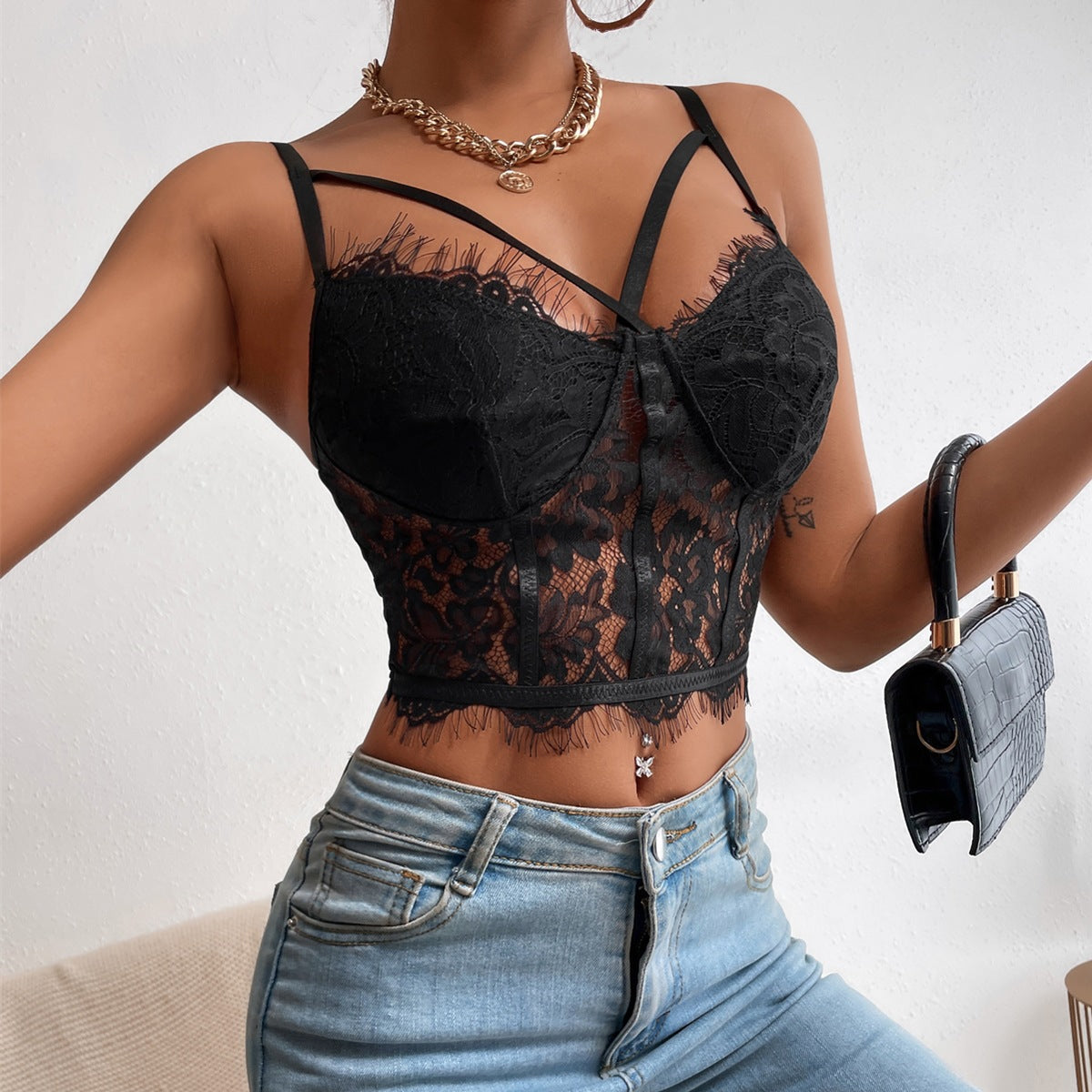 European and American women's clothing fashion new products sexy lace self-cultivation perspective hot girl eyelashes suspender corset