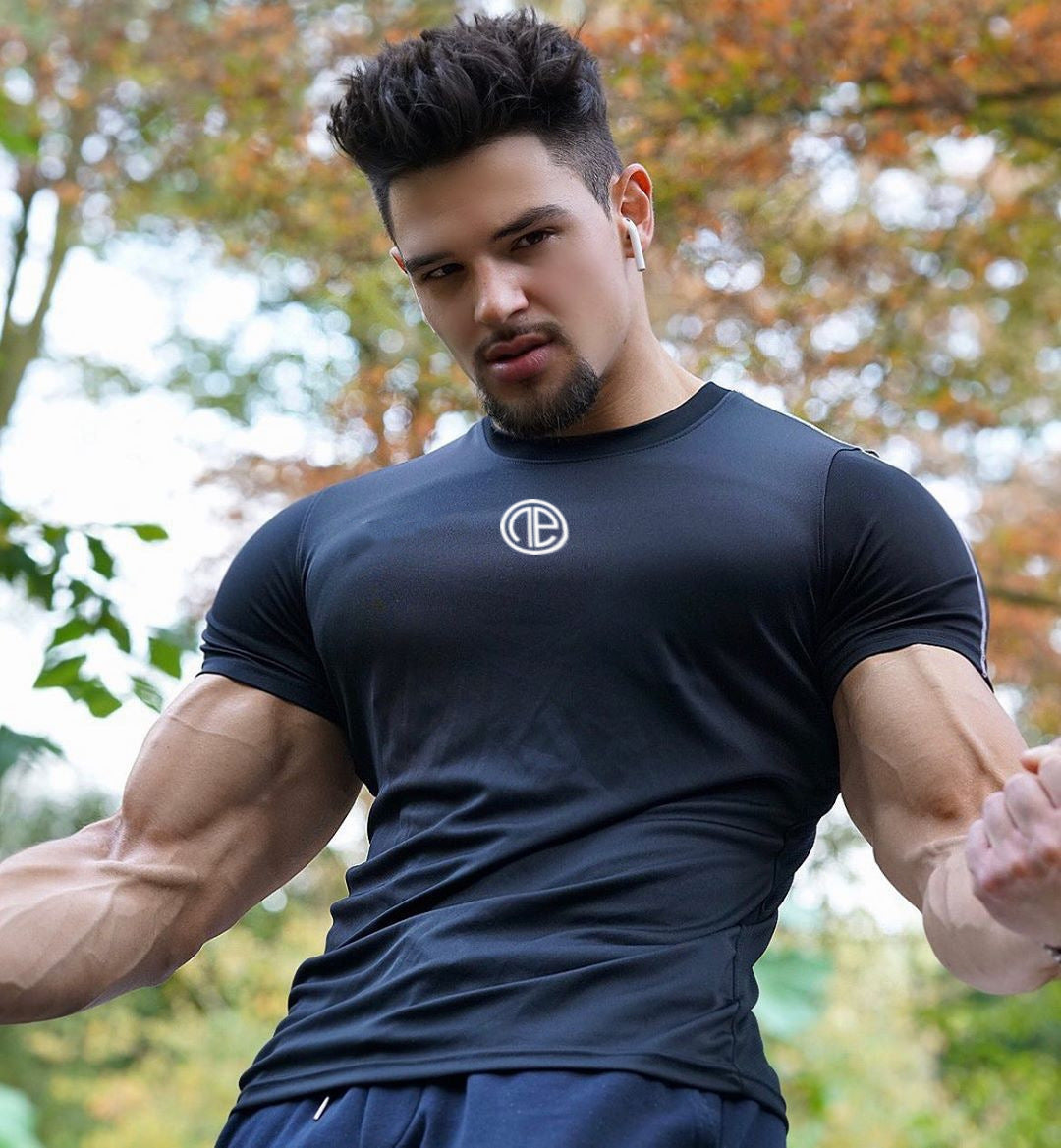 Summer quick-drying sports fitness T-shirt male muscle brothers short-sleeved tight round neck stretch training suit sweat-absorbent top