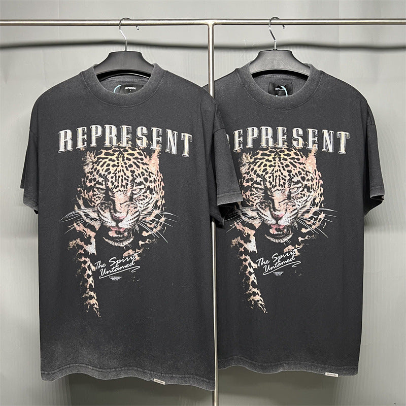 European and American R high street tide brand short-sleeved leopard print retro old T-shirt